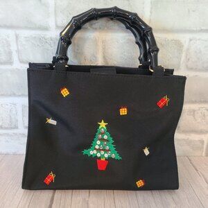 Vintage Black Handbag Christmas Holiday Embroidered Acrylic Handles Tiannl